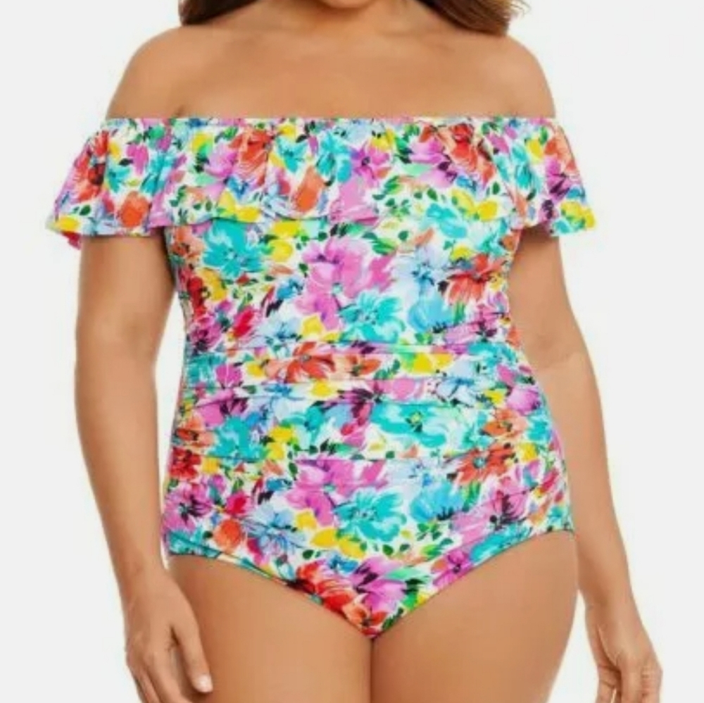 New Swim Solutions Plus Size Off The Shoulder One Piece Swimsuit Multicolor 24W